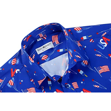 ENVMENST Men's American Flag Button Down Shirts Casual Short Sleeve Patriotic Hawaiian Shirt（Blue,L