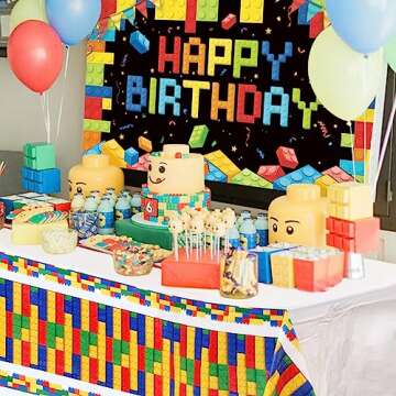 Golray 112pcs Building Block Birthday Party Decorations for Boys Kids Brick Balloon Arch Garland Kit 18'' Backdrop Tablecloth Colorful Confetti Happy Birthday Building Block Party Supplies