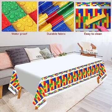 Golray 112pcs Building Block Birthday Party Decorations for Boys Kids Brick Balloon Arch Garland Kit 18'' Backdrop Tablecloth Colorful Confetti Happy Birthday Building Block Party Supplies