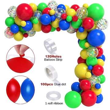 Golray 112pcs Building Block Birthday Party Decorations for Boys Kids Brick Balloon Arch Garland Kit 18'' Backdrop Tablecloth Colorful Confetti Happy Birthday Building Block Party Supplies