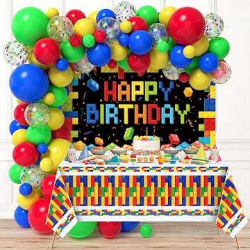 Golray 112pcs Building Block Birthday Party Decorations for Boys Kids Brick Balloon Arch Garland Kit 18'' Backdrop Tablecloth Colorful Confetti Happy Birthday Building Block Party Supplies