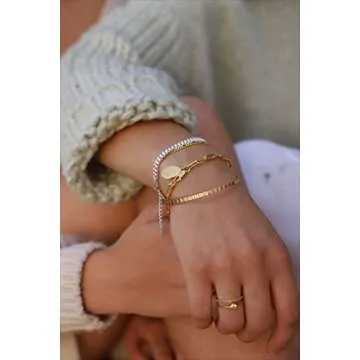 PERNNLA PEARL 18K Gold Cuff Bangle Bracelets for Women Statement Rectangular Stackable Bracelets Adjustable Dainty Love Thin Gold Bracelet