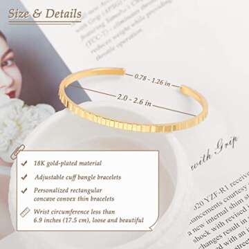 PERNNLA PEARL 18K Gold Cuff Bangle Bracelets for Women Statement Rectangular Stackable Bracelets Adjustable Dainty Love Thin Gold Bracelet