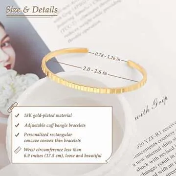 PERNNLA PEARL 18K Gold Cuff Bangle Bracelets for Women Statement Rectangular Stackable Bracelets Adjustable Dainty Love Thin Gold Bracelet