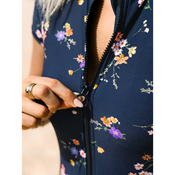 CUPSHE One Piece Swimsuit for Women High Neck Zipper Short Sleeve Floral Bathing Suits