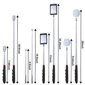Zhehao 4 Pieces Magnetic Pick-Up Grabber Tool with LED Light including 8 lb/ 1 lb Pick-Up Rod and Round/Square Inspection Mirror, Telescoping Handle 360 Swivel for Extra Viewing Pickup Dead Angle