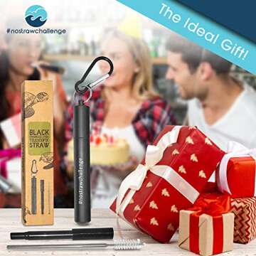 Reusable Metal Straws for Drinking - Collapsible Folding Stainless Steel Portable Straw Set with Case and Cleaning Brush by #nostrawchallenge - Black Colour
