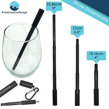 Reusable Metal Straws for Drinking - Collapsible Folding Stainless Steel Portable Straw Set with Case and Cleaning Brush by #nostrawchallenge - Black Colour