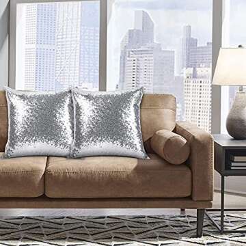 2PCS Sequins Pillows Sliver Decorative Throw Pillows,18"x18" Textile Glitter Square Solid Throw Pillow Covers Cushion Case Hidden Zipper Design for Home Decoration Bed Living Room Party Wedding