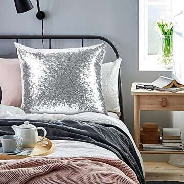 2PCS Sequins Pillows Sliver Decorative Throw Pillows,18"x18" Textile Glitter Square Solid Throw Pillow Covers Cushion Case Hidden Zipper Design for Home Decoration Bed Living Room Party Wedding