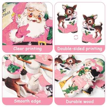 BkeeCten 3pcs Vintage Pink Christmas Theme Wooden Table Topper Centerpiece Decoration Signs, Victorian Style Santa Claus Elk Snowman Tired Ttay Tabletop Sign Decor for Christmas Party Supplies