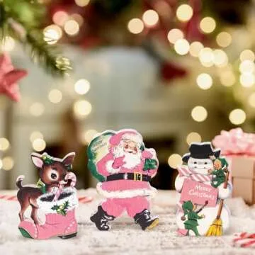 BkeeCten 3pcs Vintage Pink Christmas Theme Wooden Table Topper Centerpiece Decoration Signs, Victorian Style Santa Claus Elk Snowman Tired Ttay Tabletop Sign Decor for Christmas Party Supplies