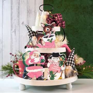 BkeeCten 3pcs Vintage Pink Christmas Theme Wooden Table Topper Centerpiece Decoration Signs, Victorian Style Santa Claus Elk Snowman Tired Ttay Tabletop Sign Decor for Christmas Party Supplies