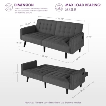 TYBOATLE 65" Convertible Futon Sofa Bed with USB Ports