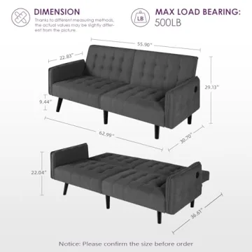 TYBOATLE 65" Convertible Futon Sofa Bed with USB Ports