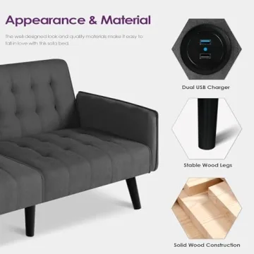 TYBOATLE 65" Convertible Futon Sofa Bed with USB Ports