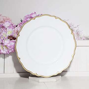 Efavormart 13" Metallic White with Gold Scalloped Edge Acrylic Plastic Charger Plates for Table Decor -Set of 6