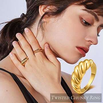 FUNEIA 8Pcs Gold Chunky Rings for Women 18K Gold Plated Cubic Zirconia Croissant Moon Star Thick Dom...