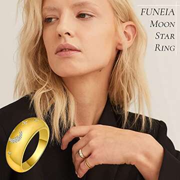 FUNEIA 8Pcs Gold Chunky Rings for Women 18K Gold Plated Cubic Zirconia Croissant Moon Star Thick Dome Signet Rings Set Braided Twisted Stacking Statement Rings Size 5-9 Jewelry Gift