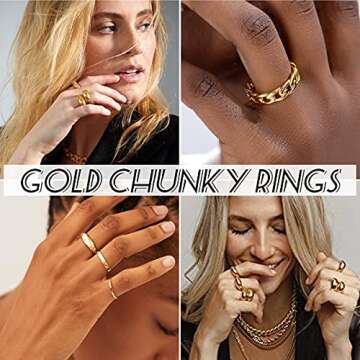 FUNEIA 8Pcs Gold Chunky Rings for Women 18K Gold Plated Cubic Zirconia Croissant Moon Star Thick Dome Signet Rings Set Braided Twisted Stacking Statement Rings Size 5-9 Jewelry Gift