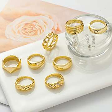 FUNEIA 8Pcs Gold Chunky Rings for Women 18K Gold Plated Cubic Zirconia Croissant Moon Star Thick Dome Signet Rings Set Braided Twisted Stacking Statement Rings Size 5-9 Jewelry Gift