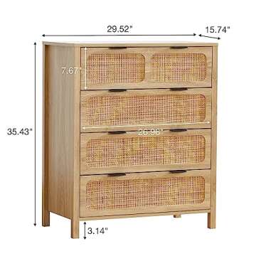 QEIUZON 4 Drawer Dresser, Modern Rattan Dresser Chest with Wide Drawers and Metal Handles, Farmhouse...