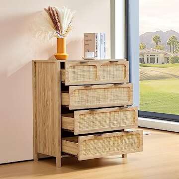 QEIUZON 4 Drawer Dresser, Modern Rattan Dresser Chest with Wide Drawers and Metal Handles, Farmhouse Wood Storage Chest of Drawers for Bedroom, Living Room, Hallway, Entryway (Natural)