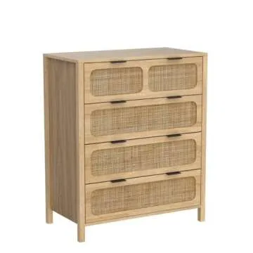 QEIUZON 4 Drawer Dresser, Modern Rattan Dresser Chest with Wide Drawers and Metal Handles, Farmhouse Wood Storage Chest of Drawers for Bedroom, Living Room, Hallway, Entryway (Natural)