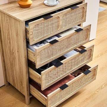 QEIUZON 4 Drawer Dresser, Modern Rattan Dresser Chest with Wide Drawers and Metal Handles, Farmhouse Wood Storage Chest of Drawers for Bedroom, Living Room, Hallway, Entryway (Natural)