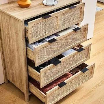 QEIUZON 4 Drawer Dresser, Modern Rattan Dresser Chest with Wide Drawers and Metal Handles, Farmhouse Wood Storage Chest of Drawers for Bedroom, Living Room, Hallway, Entryway (Natural)