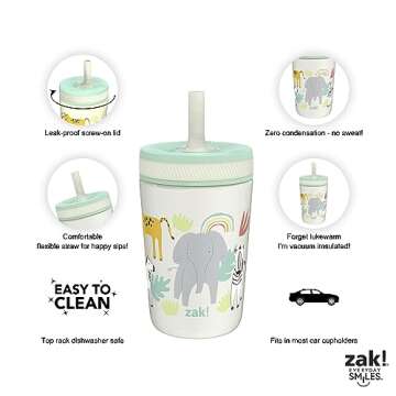Zak Designs Kelso Toddler Cups For Travel or At Home, 12oz Vacuum Insulated Stainless Steel Sippy Cup With Leak-Proof Design is Perfect For Kids (Safari)