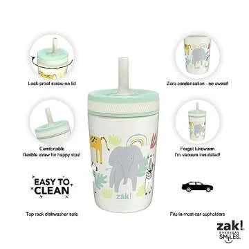Zak Designs Kelso Toddler Cups For Travel or At Home, 12oz Vacuum Insulated Stainless Steel Sippy Cup With Leak-Proof Design is Perfect For Kids (Safari)