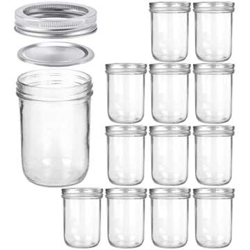 KAMOTA Wide Mouth Mason Jars 16 oz With Regular Lids and Bands, Ideal for Jam, Honey, Wedding Favors, Shower Favors, Baby Foods, DIY Spice Jars, 12 PACK, 12 Silver Pipette Covers Included
