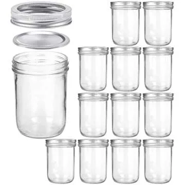 KAMOTA Wide Mouth Mason Jars 16 oz With Regular Lids and Bands, Ideal for Jam, Honey, Wedding Favors, Shower Favors, Baby Foods, DIY Spice Jars, 12 PACK, 12 Silver Pipette Covers Included