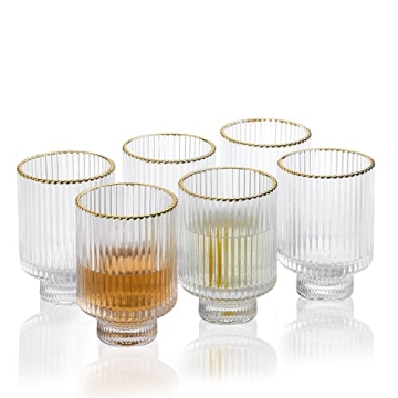 Elegant 1500° C Tabletop Tiara Optic Swirl Bedside Carafe & 6 Tumblers - 11.5 oz Gold Rim