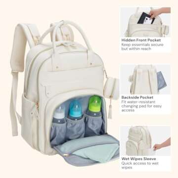 BabbleRoo Leather Diaper Bag Backpack - Baby Essentials Travel Baby Bag, Multi function, Waterproof, with Changing Pad, Stroller Straps & Pacifier Case – Unisex, Eggshell White