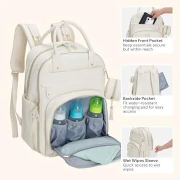 BabbleRoo Leather Diaper Bag Backpack - Baby Essentials Travel Baby Bag, Multi function, Waterproof, with Changing Pad, Stroller Straps & Pacifier Case – Unisex, Eggshell White