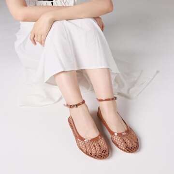 Goiphrri Brown Ballet Flats Shoes for Women Dressy Comfortable Ankle Strap Mesh Ballet Flats for Women Round Toe Ballerina Flats for Women Summer Casual Daily Dress Mesh Flats Shoes Size 8.5