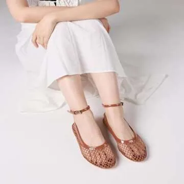 Goiphrri Brown Ballet Flats Shoes for Women Dressy Comfortable Ankle Strap Mesh Ballet Flats for Women Round Toe Ballerina Flats for Women Summer Casual Daily Dress Mesh Flats Shoes Size 8.5