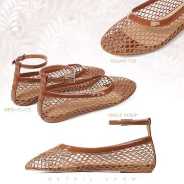 Goiphrri Brown Ballet Flats Shoes for Women Dressy Comfortable Ankle Strap Mesh Ballet Flats for Women Round Toe Ballerina Flats for Women Summer Casual Daily Dress Mesh Flats Shoes Size 8.5