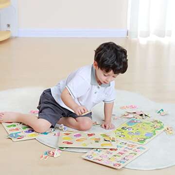 GRINNNIE Wooden Peg Puzzle for Toddlers 2 3 4 Years Old, 4 PCS Montessori Educational Learning Puzzles Set-Numbers, Letters, Animals and Fruits, Great Preschool Gifts for Girls and Boys