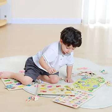 GRINNNIE Wooden Peg Puzzle for Toddlers 2 3 4 Years Old, 4 PCS Montessori Educational Learning Puzzles Set-Numbers, Letters, Animals and Fruits, Great Preschool Gifts for Girls and Boys