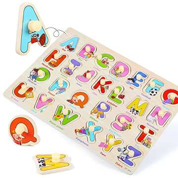 GRINNNIE Wooden Peg Puzzle for Toddlers 2 3 4 Years Old, 4 PCS Montessori Educational Learning Puzzles Set-Numbers, Letters, Animals and Fruits, Great Preschool Gifts for Girls and Boys