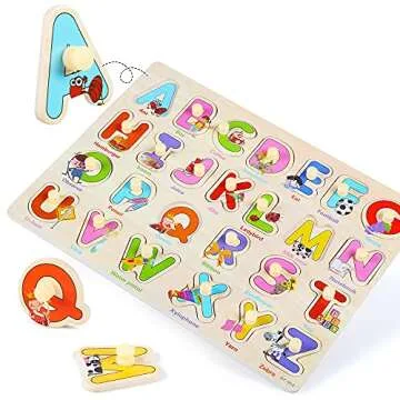 GRINNNIE Wooden Peg Puzzle for Toddlers 2 3 4 Years Old, 4 PCS Montessori Educational Learning Puzzles Set-Numbers, Letters, Animals and Fruits, Great Preschool Gifts for Girls and Boys