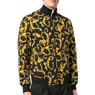 Daupanzees Mens All Over Fashion Luxury Design Print Open Front Long Sleeve Bomber Jacket with Ribbed Cuffs, Zipper