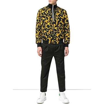Daupanzees Mens All Over Fashion Luxury Design Print Open Front Long Sleeve Bomber Jacket with Ribbed Cuffs, Zipper