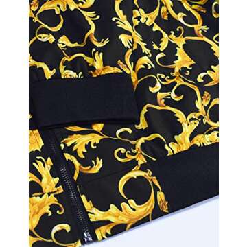 Daupanzees Mens All Over Fashion Luxury Design Print Open Front Long Sleeve Bomber Jacket with Ribbed Cuffs, Zipper