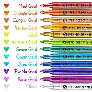SAKEYR Super Golden Metallic Paint Markers, 12 Colors Sparkle Metallic Glitter Markers, Acrylic Paint Pens for Rock Painting, Glass, Wood, Fabric, Black Paper, Cards, Scrapbook, DIY Art Crafts (2-3mm)