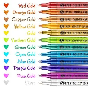SAKEYR Super Golden Metallic Paint Markers, 12 Colors Sparkle Metallic Glitter Markers, Acrylic Paint Pens for Rock Painting, Glass, Wood, Fabric, Black Paper, Cards, Scrapbook, DIY Art Crafts (2-3mm)