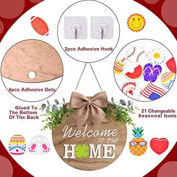 Interchangeable Welcome Home Sign, Seasonal Front Porch Door Decor With 21 Changeable Icons for Halloween /Christmas/Independence Day, Rustic Wood Wreaths Wall Hanger for Housewarming Gift (12in)